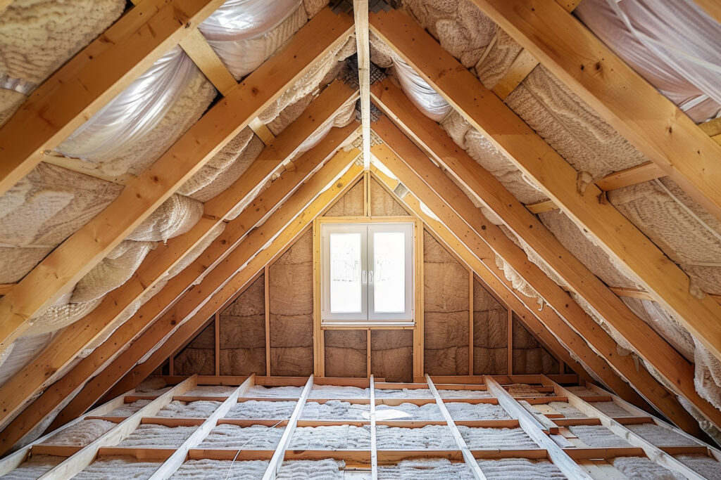 Installation of fiberglass insulation in sloped ceiling drywall plasterboard construction