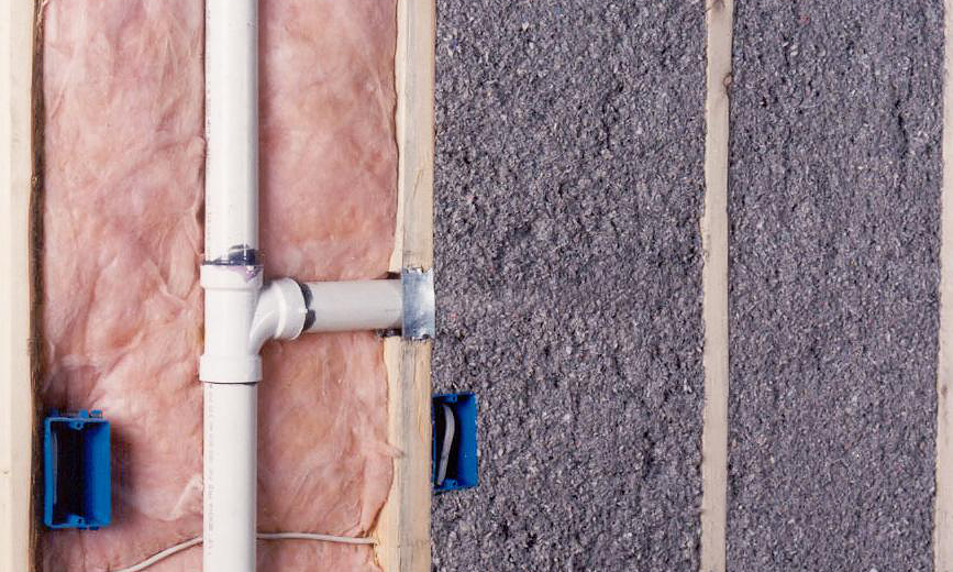 Cellulose insulation is on the left, vs fibreglass insulation on the right.