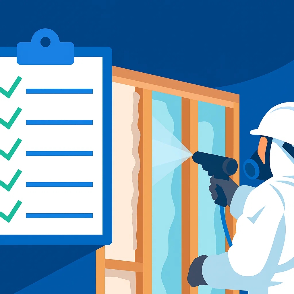 Illustration of a worker in protective gear spraying foam insulation into a wall cavity, with a large checklist featuring green check marks shown beside the scene.