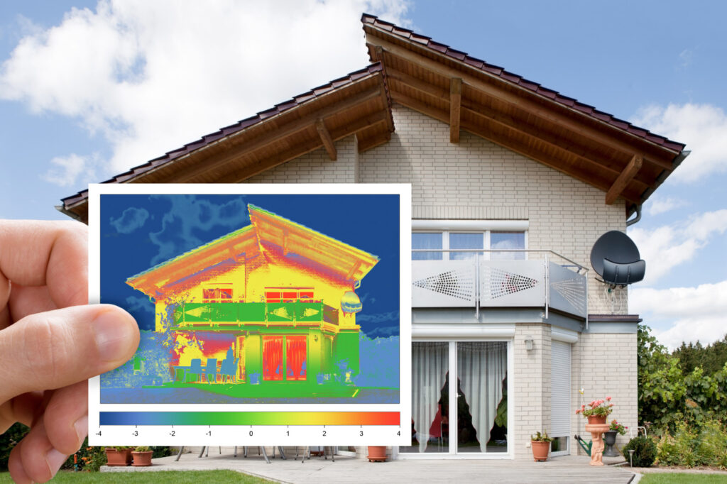 Thermal imaging scan showing heat loss around a home's exterior roof